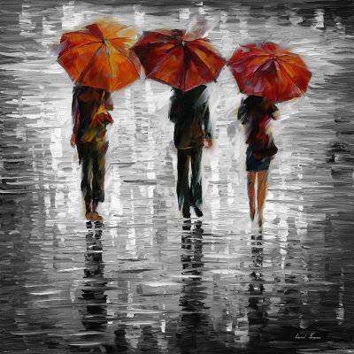 THREE RED UMBRELLAS BW  oil painting on canvas