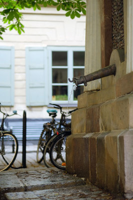 Water fountain and bicycles