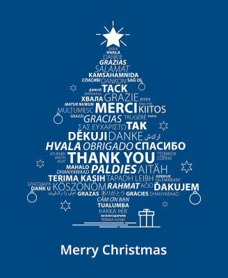 Merry Christmas And Happy New Year Concept Greeting Card. Thank You In Different Languages Word Clou