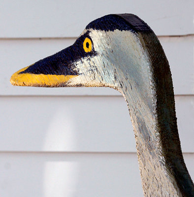 Wooden heron, detail.