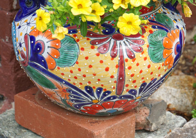 Colorful planter with petunias.