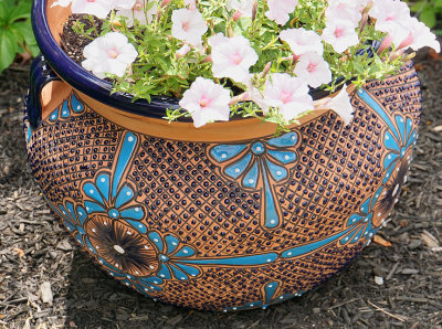 Colorful planter with petunias.