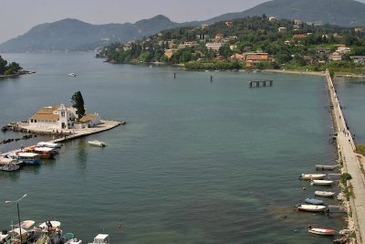 Corfu Island, Pontikonisi church on the left, airport on the right.