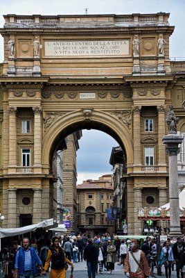Arcone the Arch of Triumph at Piazza della Repubblica with inscription The Ancient City Centre Restored to New 