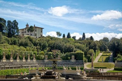 Boboli Gardens with Fort Belvedere on top of the hill to the left