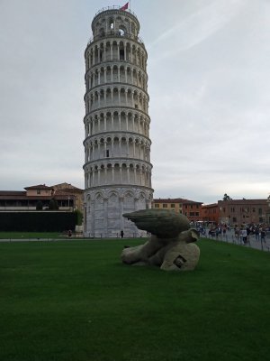 North side of Tower- the top 5 stories were built slightly taller in an attempt to compensate for the lean 