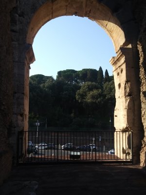 Inside Colosseum View out of archway to Palatine Hill, dotted with umbrella pines