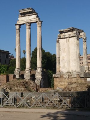 Temple of Vesta, circular temple with fire in center symbolizing the hearth of the extended family of Rome tended by 6 Virgins