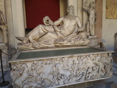 Bearded old Roman river god-inspired Michelangelo to pose Adam reclining & reaching out to accept the spark of life from God