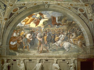 The Meeting of Leo the Great and Attila(1514)-parley between Pope & Hun conqueror, & legendary images of Saints Peter & Paul 