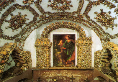 Crypt of the Resurrection, featuring a picture of Jesus raising Lazarus from the dead, framed by various bones of human skeleton