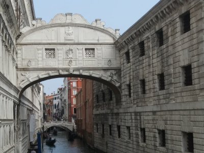 Bridge of Sighs-connects Doge's Palace on the left to the Prisons on the right-looks like a palace, except bars on the windows