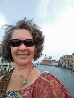Selfie shot from the Accademia Bridge with La Salute in the background.