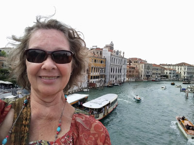 Selfie on the Accademia Bridge with busy Grand Canal behind me.