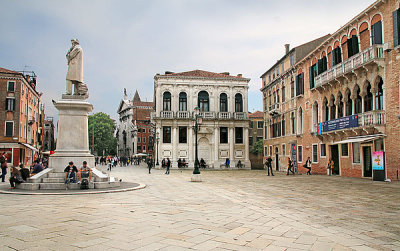 Campo Santo Stefano-big lively square with restaurants,  statue of 1800s linguist Niccol Tommaseo & 13th-century gothic church