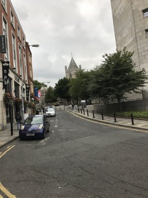 A look back at Christ Church tower from a little ways down Fishamble St.