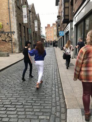 Walking down Essex St. just off Fishamble towards Temple Bar.