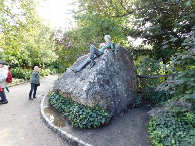 The Oscar Wilde Sculpture- Its laid back, almost anti-monumental, comes up suddenly is comic and exactly right.
