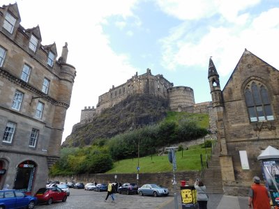 View of Edinburgh Castle from King's Stables Road in Grassmarket Square