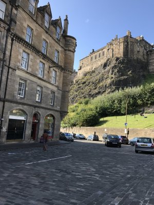 View of Edinburgh Castle from King's Stables Road in Grassmarket Square