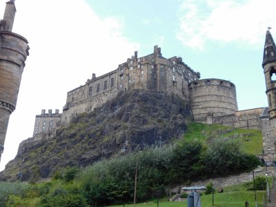 View of Edinburgh Castle from King's Stables Road in Grassmarket Square