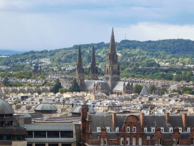 Edinburgh Castle Butts Battery View of St Mary's Cathedral- gothic, 19th-century Episcopal cathedral with 3 tall spires