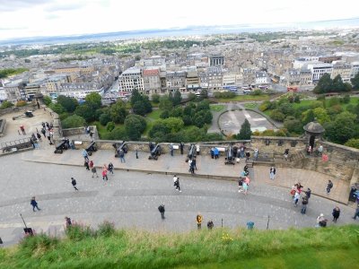 Views from the terrace in front of St. Margaret's Chapel of Princes Street Gardens and Edinburgh below the Argyle Battery