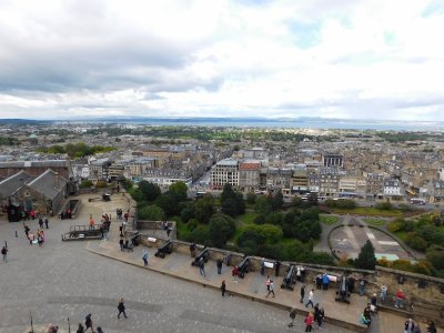 Views from the terrace in front of St. Margaret's Chapel of Princes Street Gardens and Edinburgh below the Argyle Battery