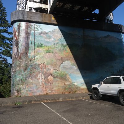 Bridge of the Gods Mural a large mural of the legend, local wildlife, & historical events of the Bonneville Landslide