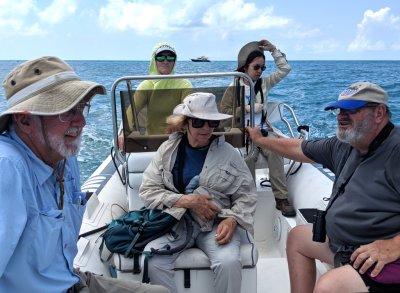 Bill, Erica, Jane, Phoenix and Wes on the dinghy, heading to Garden Key and Ft Jefferson