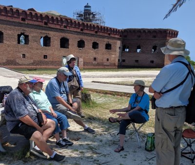 Wes, Pat, Dave, Mary, Annabel and Bill, waiting for a ride back to the boat for lunch