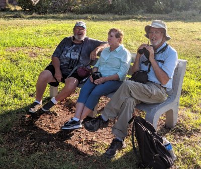 Wes, Pat and Bill waited for birds to come to the fountain.