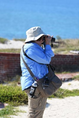 Mary L, looking for a bird from the top of the fort
