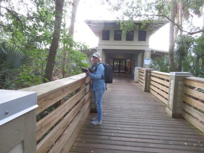 Jan, on the boardwalk leading into the Visitor Center at Green Cay