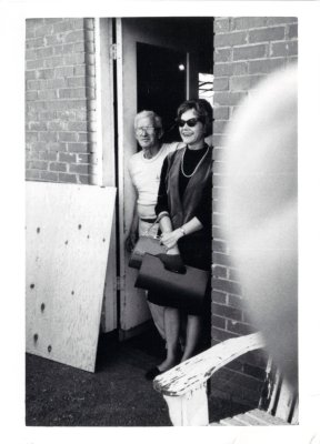 MA Harris, Jackie's father-in-law and Jackie in the doorway of the Harris Cabinet Shop on S May Ave