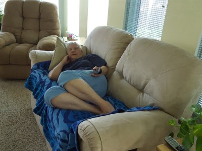 Jackie on the couch at Steve and Mary's, Sep 9, 2017
