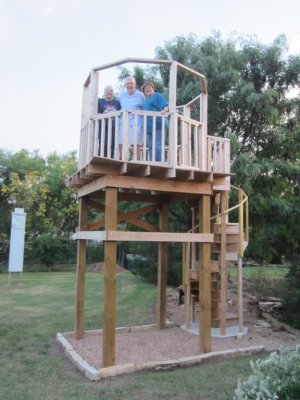 Jackie, Jim Cox and Mary on tower in Steve and Mary's backyard, Sep 21, 2016