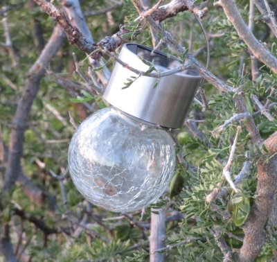 One of the solar lights along the drive up to the B&B; this one looks like it was hit by the hail a couple of nights ago.