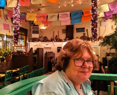 Mary, with some of the restaurant decorations in the background. We had a great meal and caught up on everyone's activities of the day.