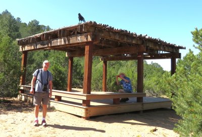 Steve and Kent went to investigate the raven on top of a pavilion along the trail.