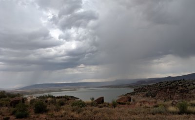 It had been threatening rain as we drove farther north and rain began to fall as we approached Abiquiu Lake.