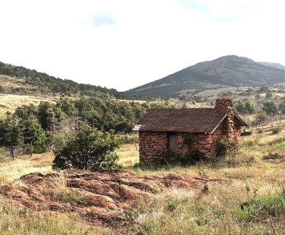 Close-up of the red rock cabin at Holy City, Wichita Mountains Wildlife Refuge, Lawton, OK