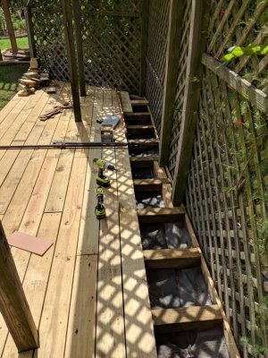 As I got closer to the back edge, I started making some small adjustments to the spacing between deck boards, so I wouldn't end up with a sliver of deck to try to attach at the back edge.