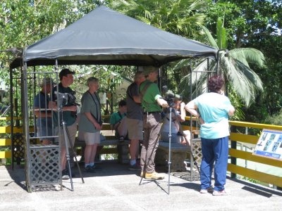 When we arrived at the Organization for Tropical Studies' Wilson Botanical Gardens/Las Cruces Biological Station, we went straight to lunch in their dining room, then out to the patio adjacent to the dining room to take a look at the area: Tom, Derek, Leigh, Monica (seated), Steve, Jody, Fran (seated in front), Deb