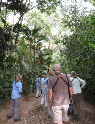 Walking a trail at Finca Cántaros with members of the San Vito Bird Club