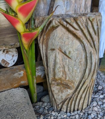 Heliconia, next to a carved tree stump at the dining pavilion