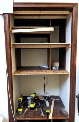 The new shelf extensions will give us more storage space, once we open it up to our bedroom. We will have to remove the mirror on the opposite wall (I intend to attach it to a door to the new opening) and have the electrical box moved that is now on the back wall of the alcove.