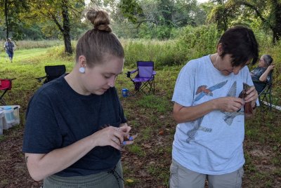 Laura and Nadine both found young Northern Cardinals in the nets.
Mary and Nancy are in the background.