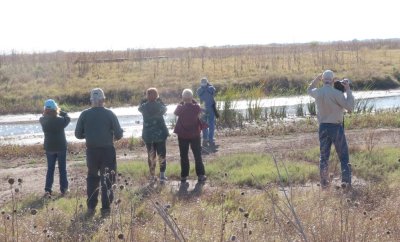 Cathy, John, Nancy R, Nancy V, Steve and Pete, looking for sparrows at Drummond Flats WMA, OK