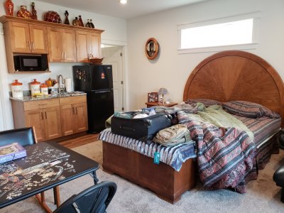 She has a kitchenette with sink, microwave and refrigerator, and a big bathroom with a walk-in shower. (The room was even prettier before Steve and Mary messed it up!)